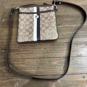 Coach Signature North/South Cross Body Handbag w/ White and Brown Stripes